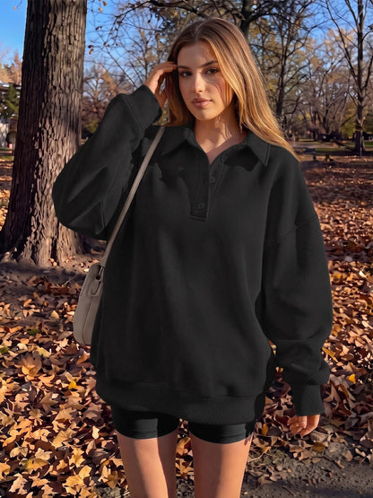 Polo Collar Fleece Pullover Relaxed Fit Sweatshirt