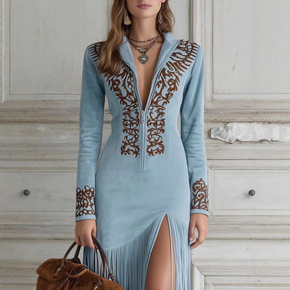 Women's Western Suede Fringe Maxi Dress Embroidered Zip-Up