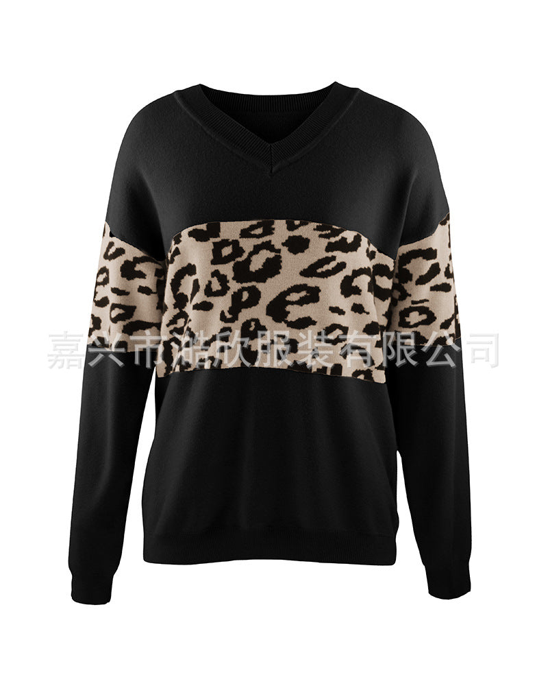 Women's V-Neck Leopard Color Block Sweater