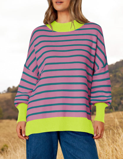 Women's Striped Crew Neck Oversized Pullover Sweater