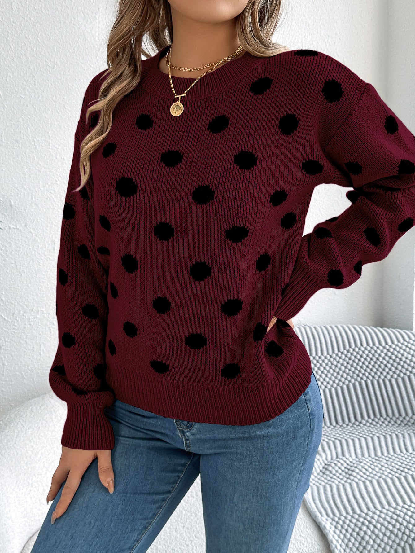 Polka Dot Knit Sweater Long Sleeve Casual Pullover