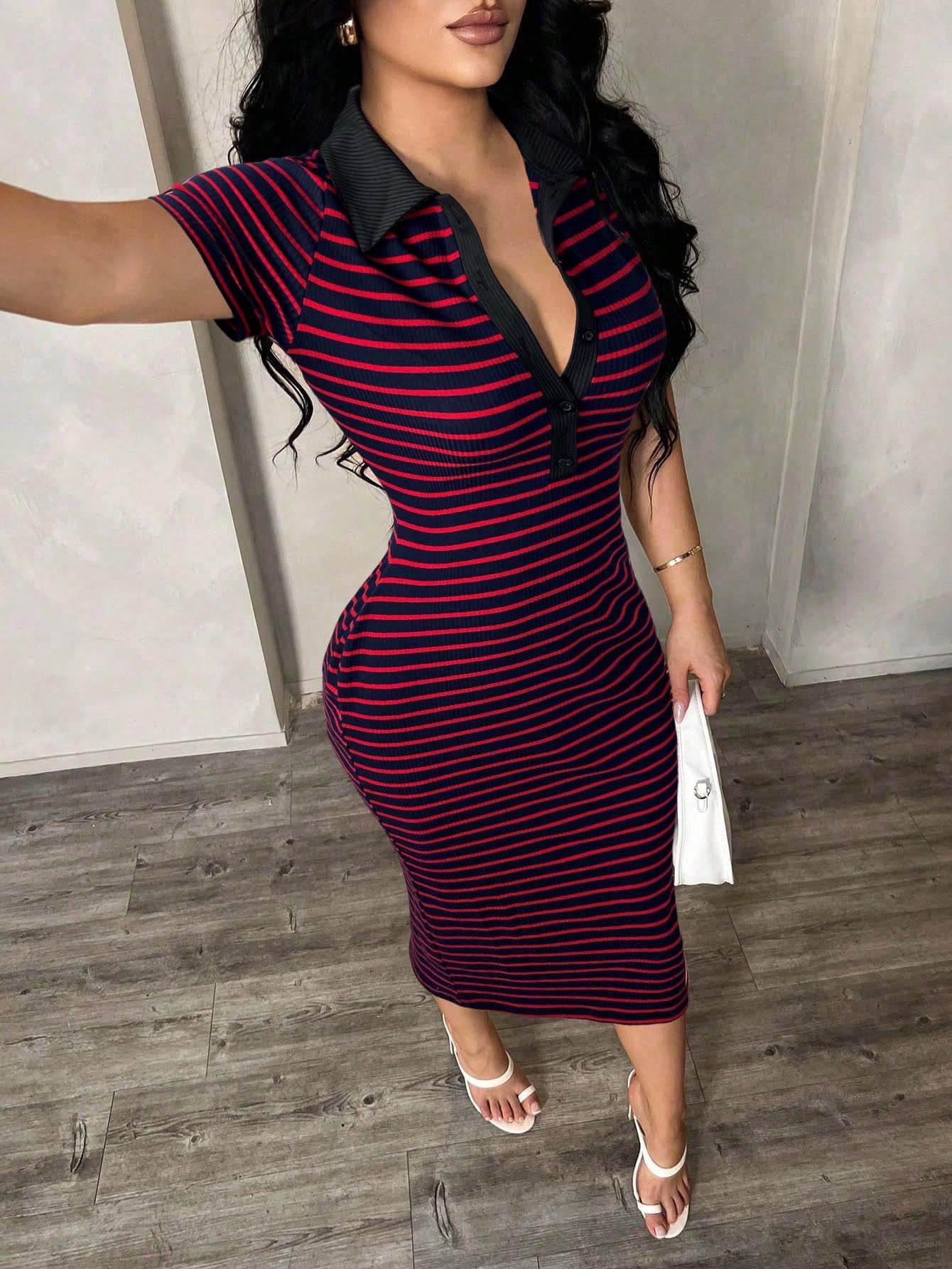 Polo Collar Stripe Bodycon Midi Dress Short Sleeve Casual