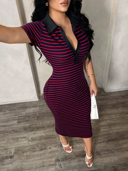 Polo Collar Stripe Bodycon Midi Dress Short Sleeve Casual
