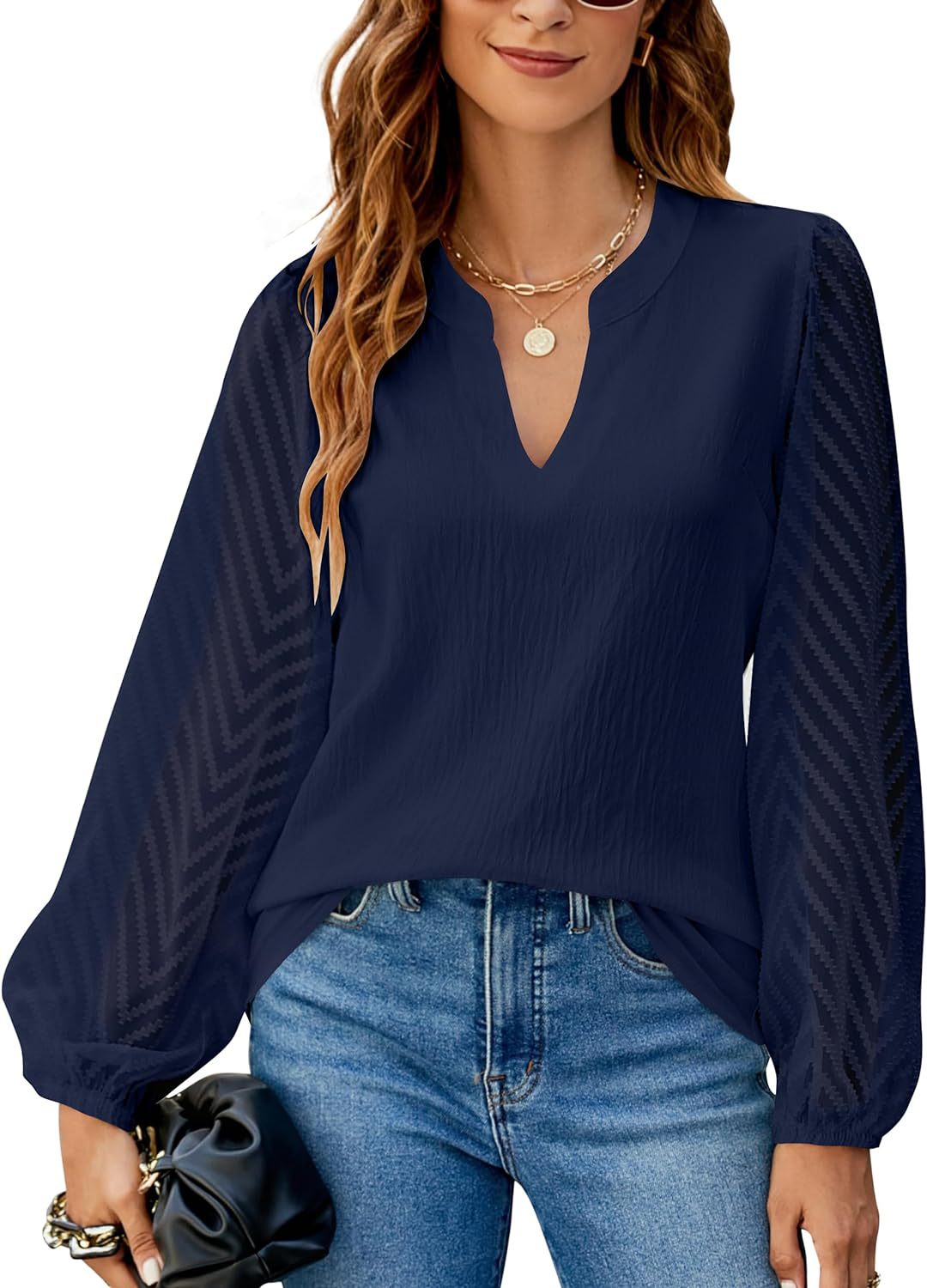 Chiffon Lace V-Neck Top Long Sleeve Balloon Sleeve Blouse