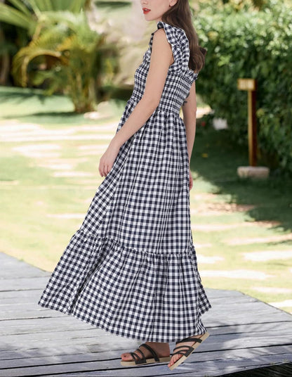 Gingham Smocked Maxi Dress Square Neck Ruffle Sleeve