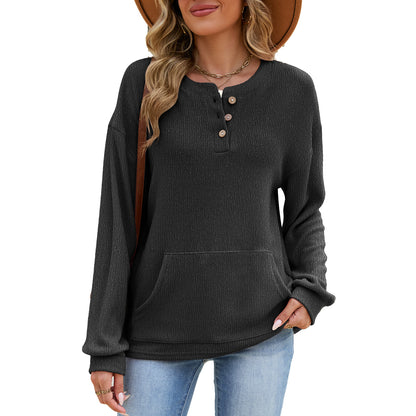 Women's Waffle Knit Henley Long Sleeve Pocket Top