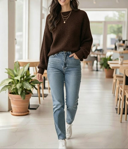 Women's Oversized Ribbed Crew Neck Pullover Sweater