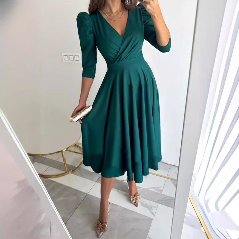 Women's V-Neck Puff Sleeve Ruched A-Line Midi Dress