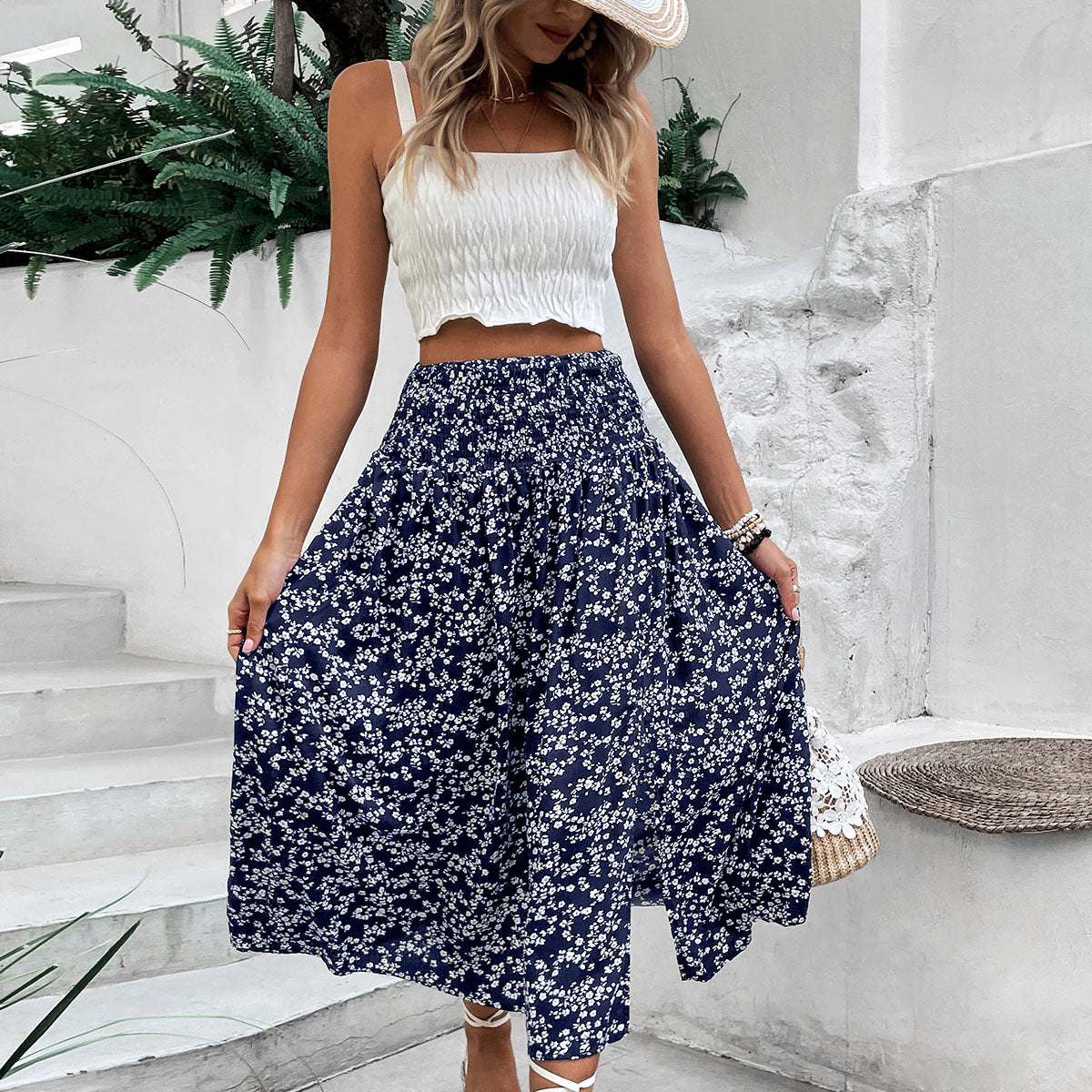 Blue Floral High Waist Slit Midi Skirt Boho Vacation Skirt