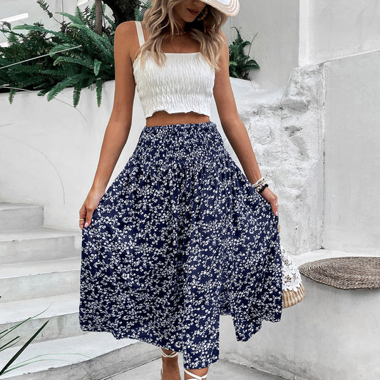 Blue Floral High Waist Slit Midi Skirt Boho Vacation Skirt