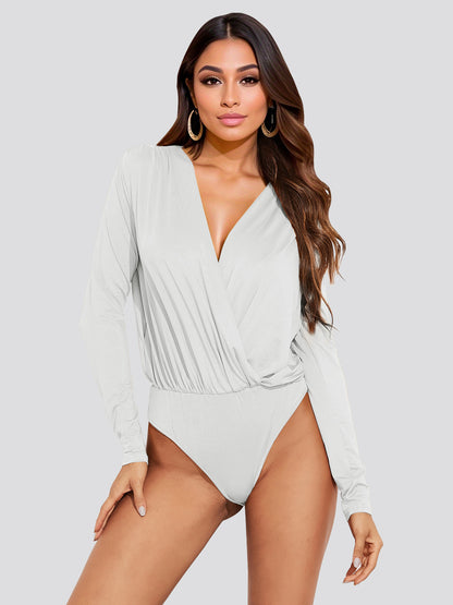 Sexy Deep V Neck Long Sleeve Ruched Bodysuit