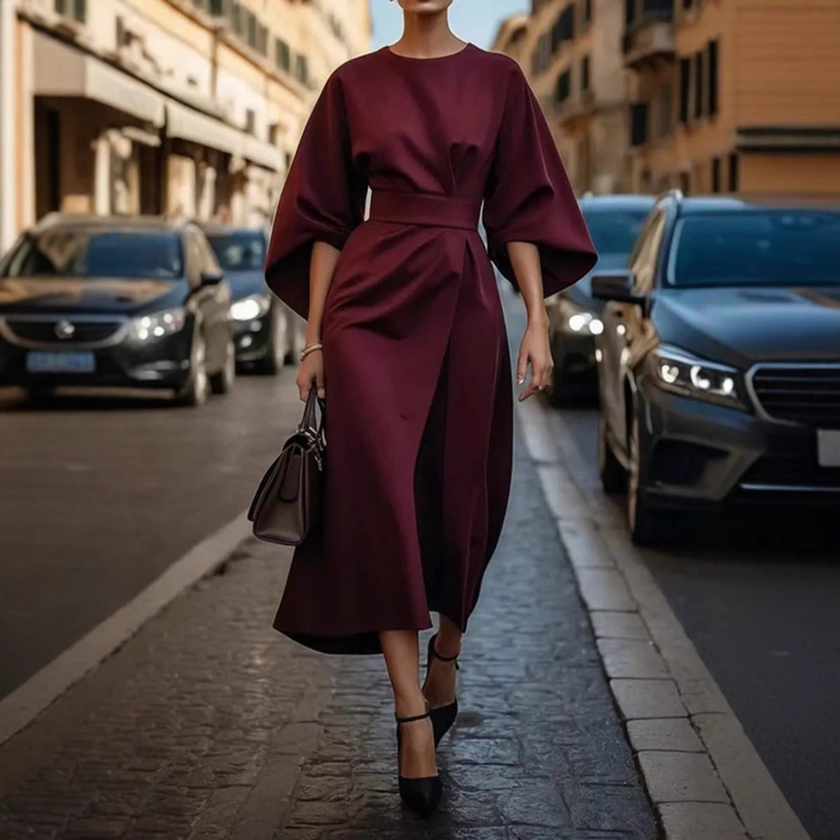 Elegant Batwing Sleeve Tie Waist Maxi Dress