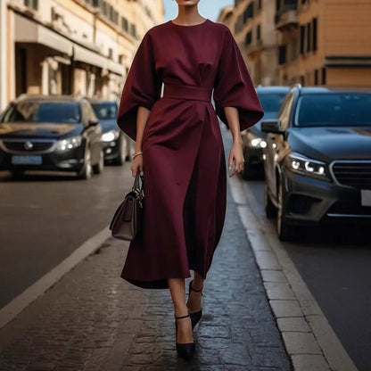 Elegant Batwing Sleeve Tie Waist Maxi Dress