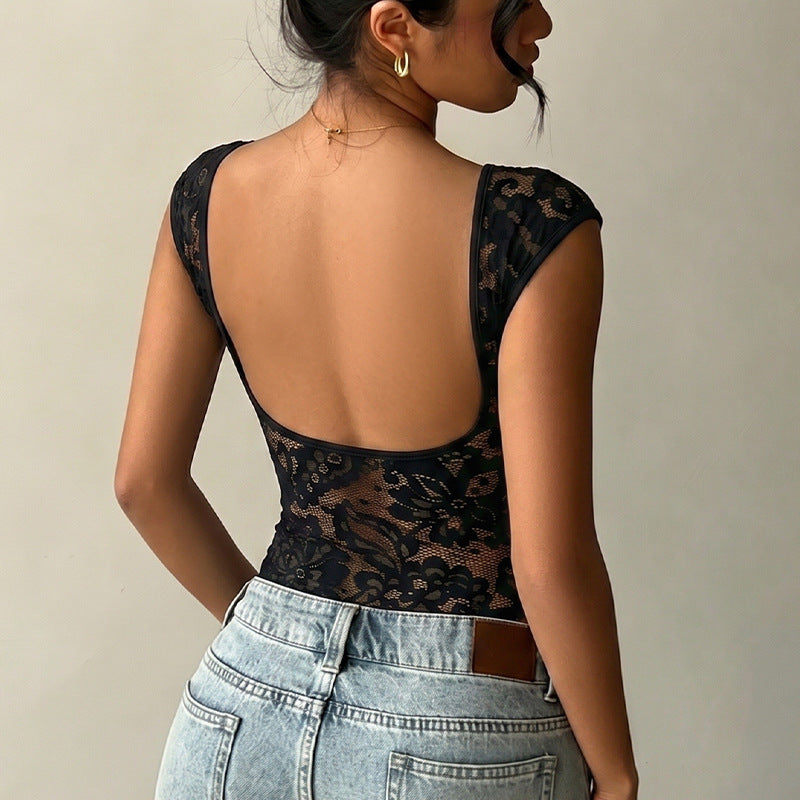 Backless Lace Trim Boat Neck Fitted Summer Crop Top