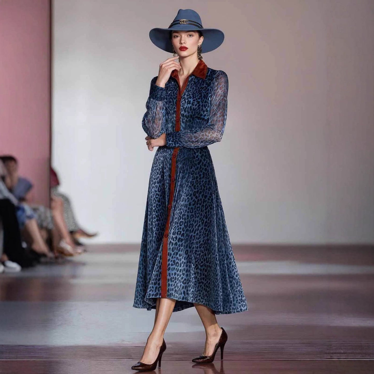 Blue Leopard Print Long Sleeve Shirt Midi Dress