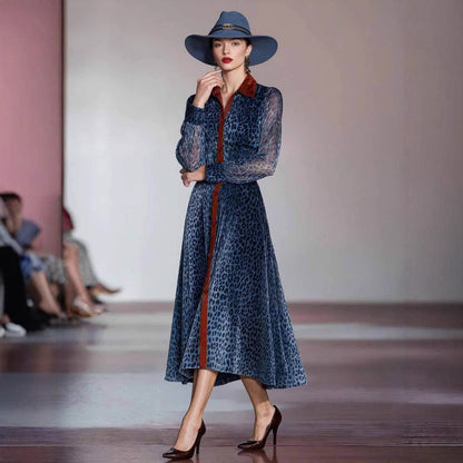 Blue Leopard Print Long Sleeve Shirt Midi Dress