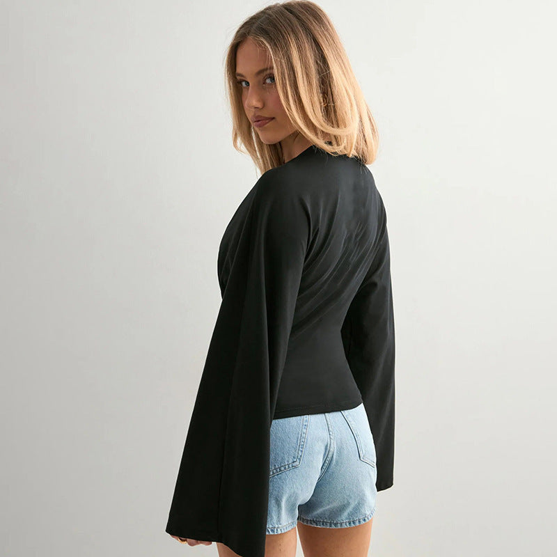 Women's Solid Batwing Long Sleeve Cinched Waist Crop Top