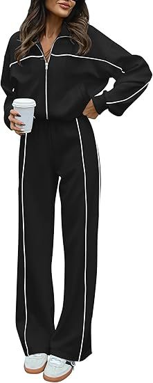 Contrast Trim Zip Jacket Pants Two Piece Set