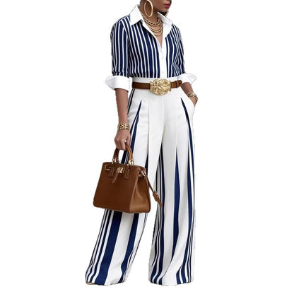 Women Striped High Waist Straight Leg Pants Color Block