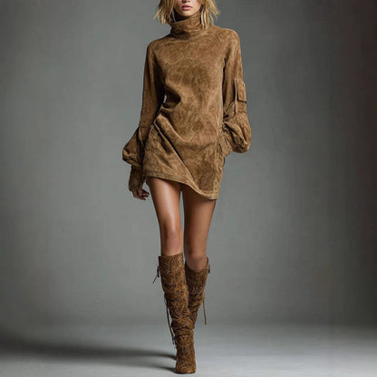 Suede Mock Neck Long Sleeve Mini Dress with Pockets