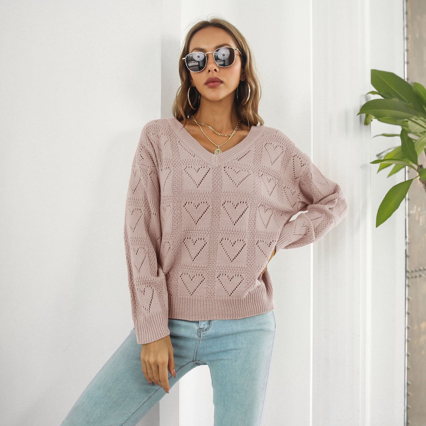 Women's Oversized V-Neck Heart Cutout Knit Sweater