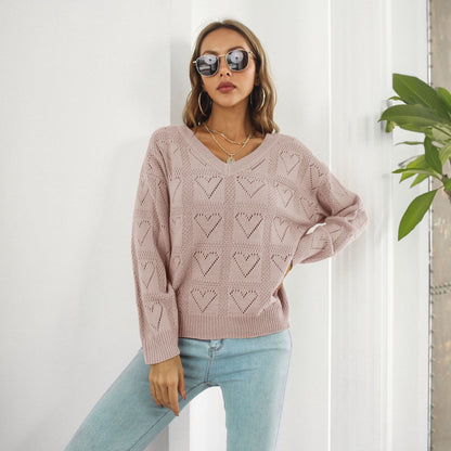 Women's Oversized V-Neck Heart Cutout Knit Sweater