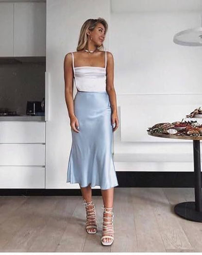 Women's Satin High-Waist Midi Skirt – Elegant Summer Slip Skirt