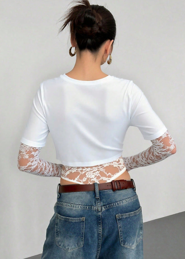 Lace Patchwork Bodysuit Top Women Sexy Crop Tee Shirt