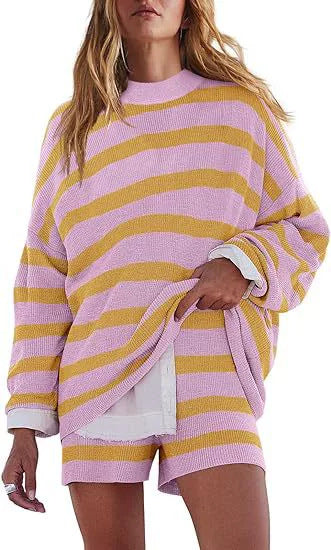 Women's Striped Oversized Sweater Shorts Matching Set