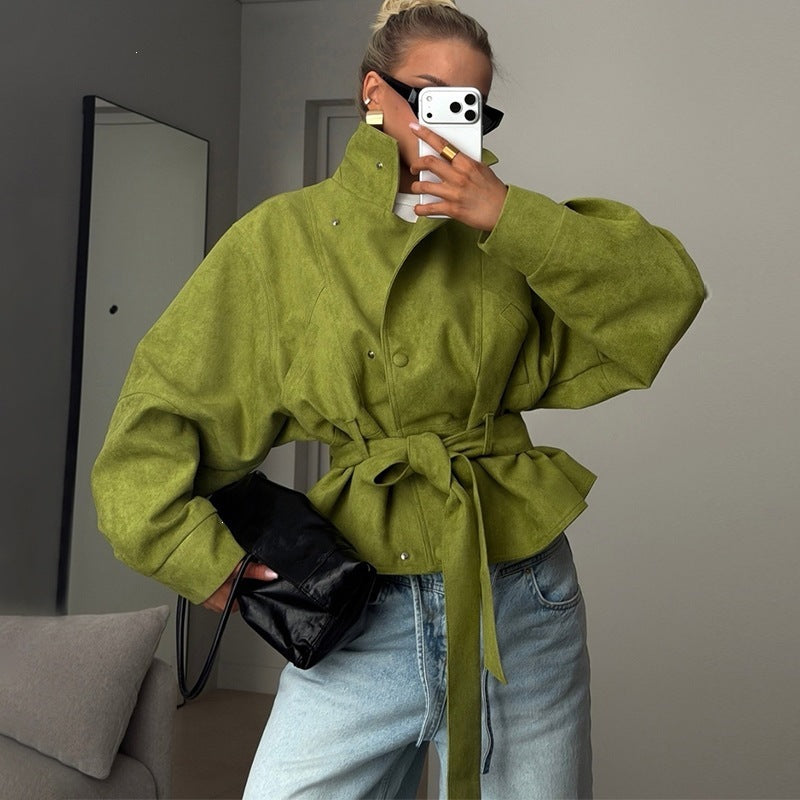 Women's Belted Cropped Jacket Stand Collar Trench Coat