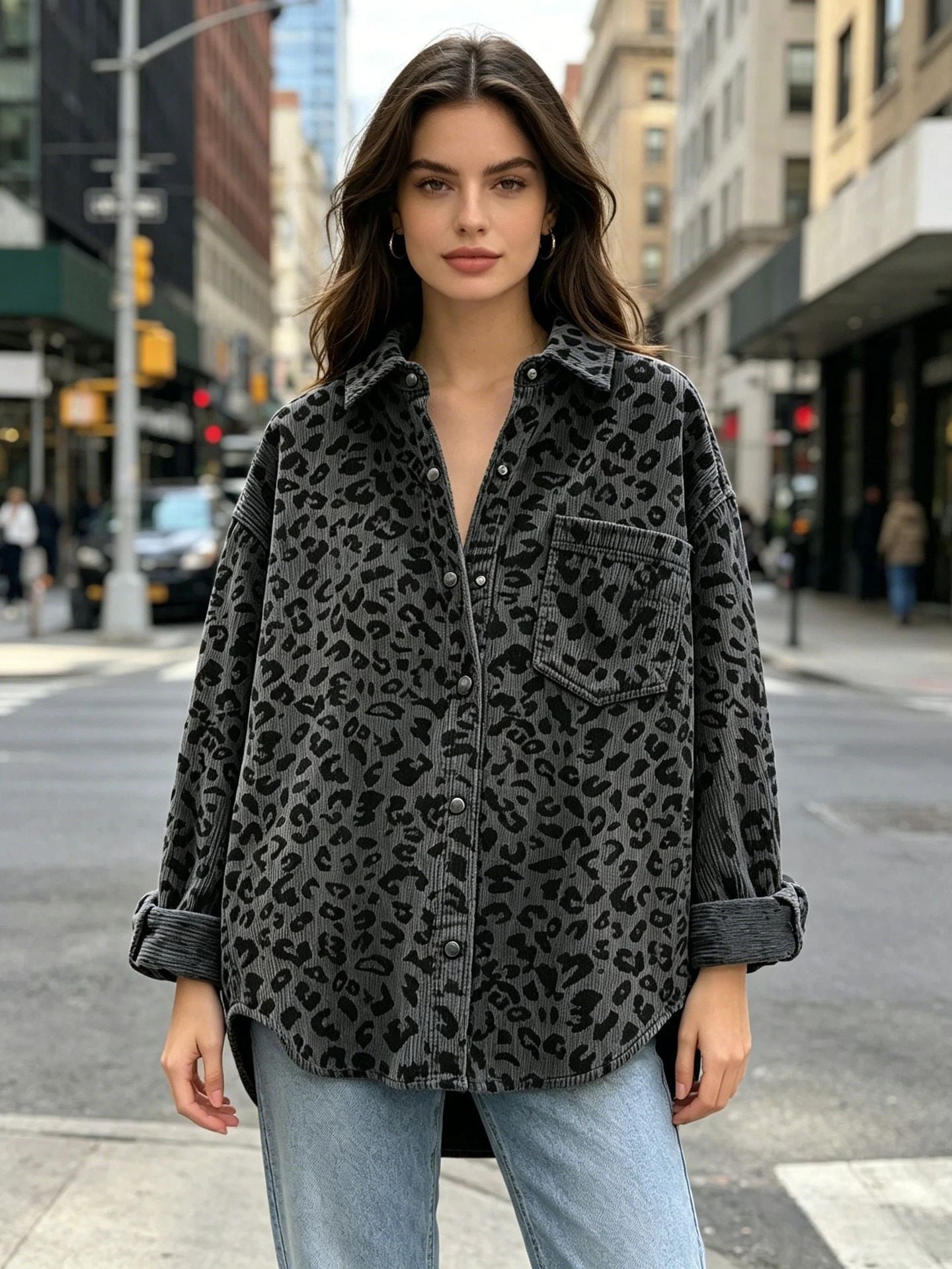 Leopard Print Corduroy Oversized Button Up Shirt