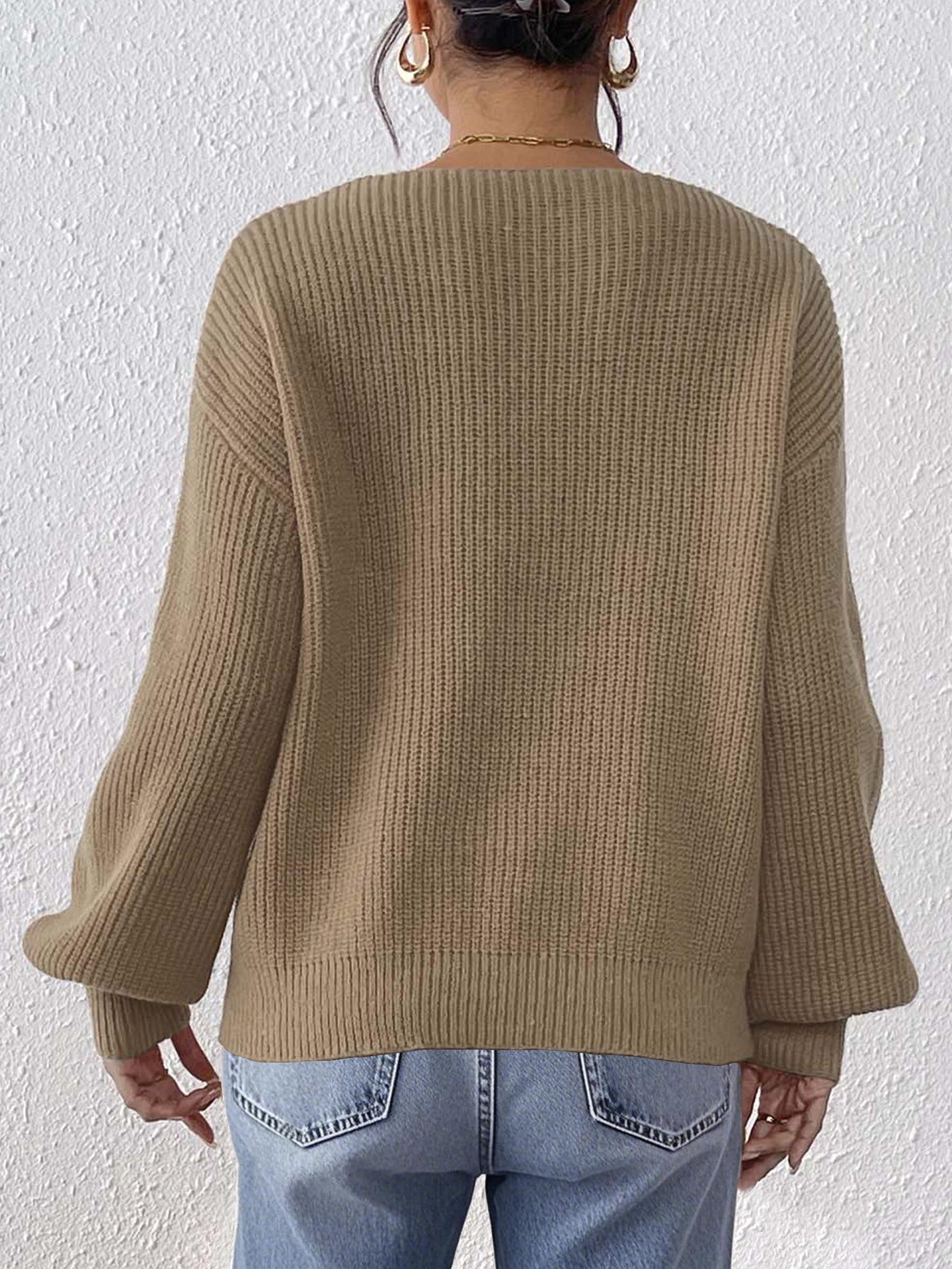 V Neck Knit Pullover Sweater with Lace Heart Detail
