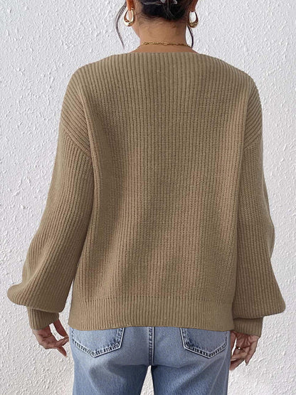 V Neck Knit Pullover Sweater with Lace Heart Detail
