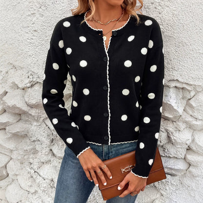 Women's Scalloped Polka Dot Button Front Cardigan