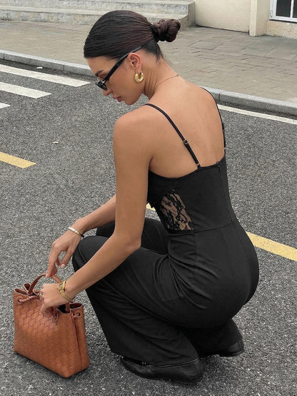 Black Lace Sheer Spaghetti Strap Wide Leg Jumpsuit