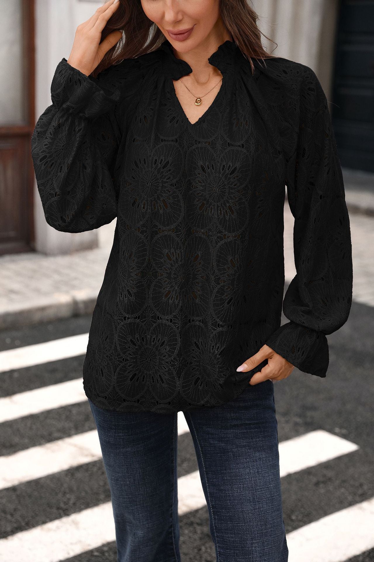 Eyelet Lace Blouse V Neck Puff Sleeve Top