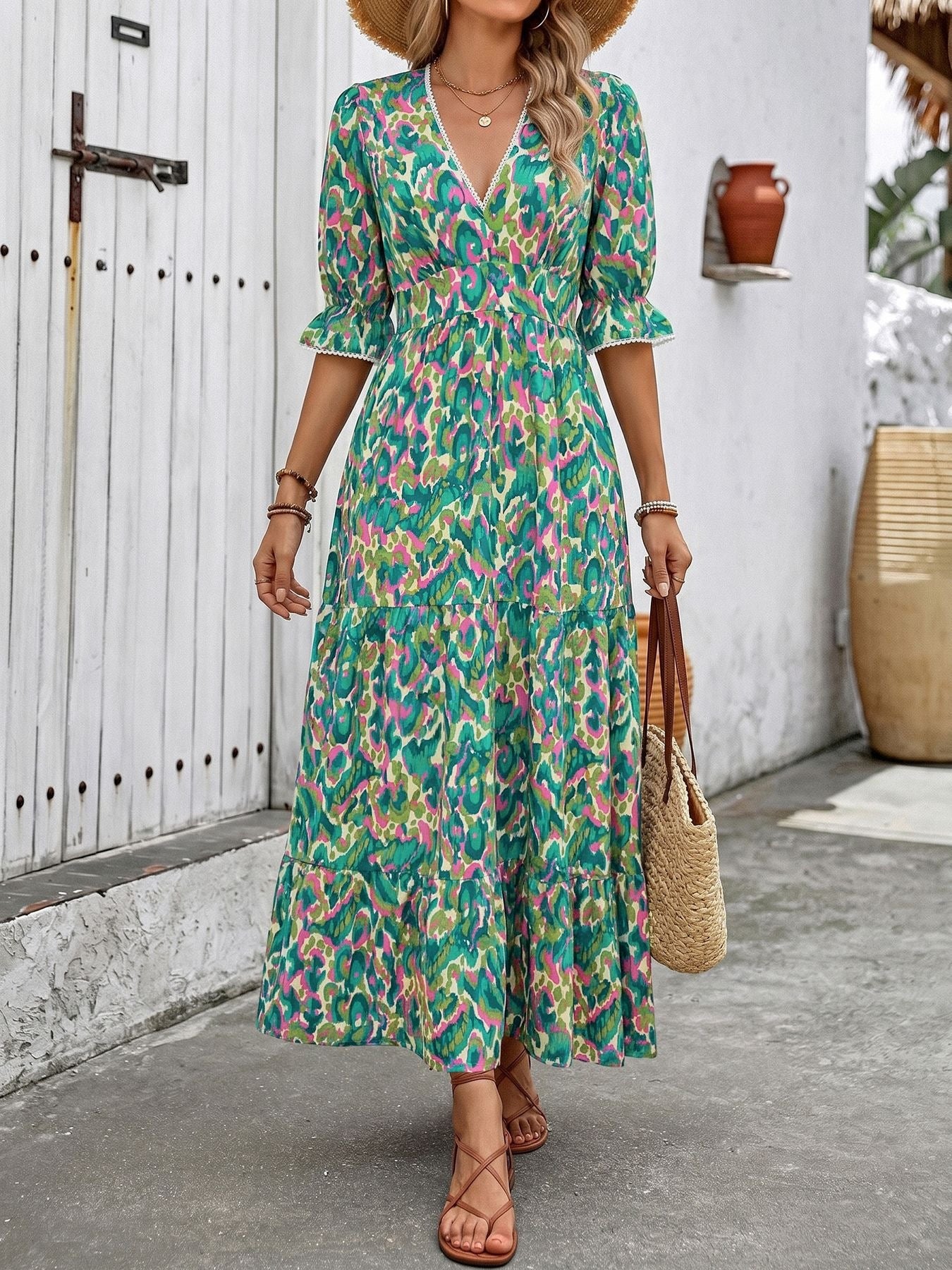 Boho Floral Maxi Dress V Neck Tiered Summer Vacation Dress
