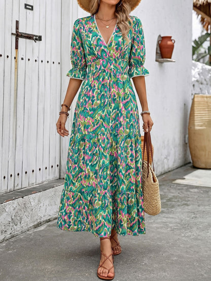 Boho Floral Maxi Dress V Neck Tiered Summer Vacation Dress