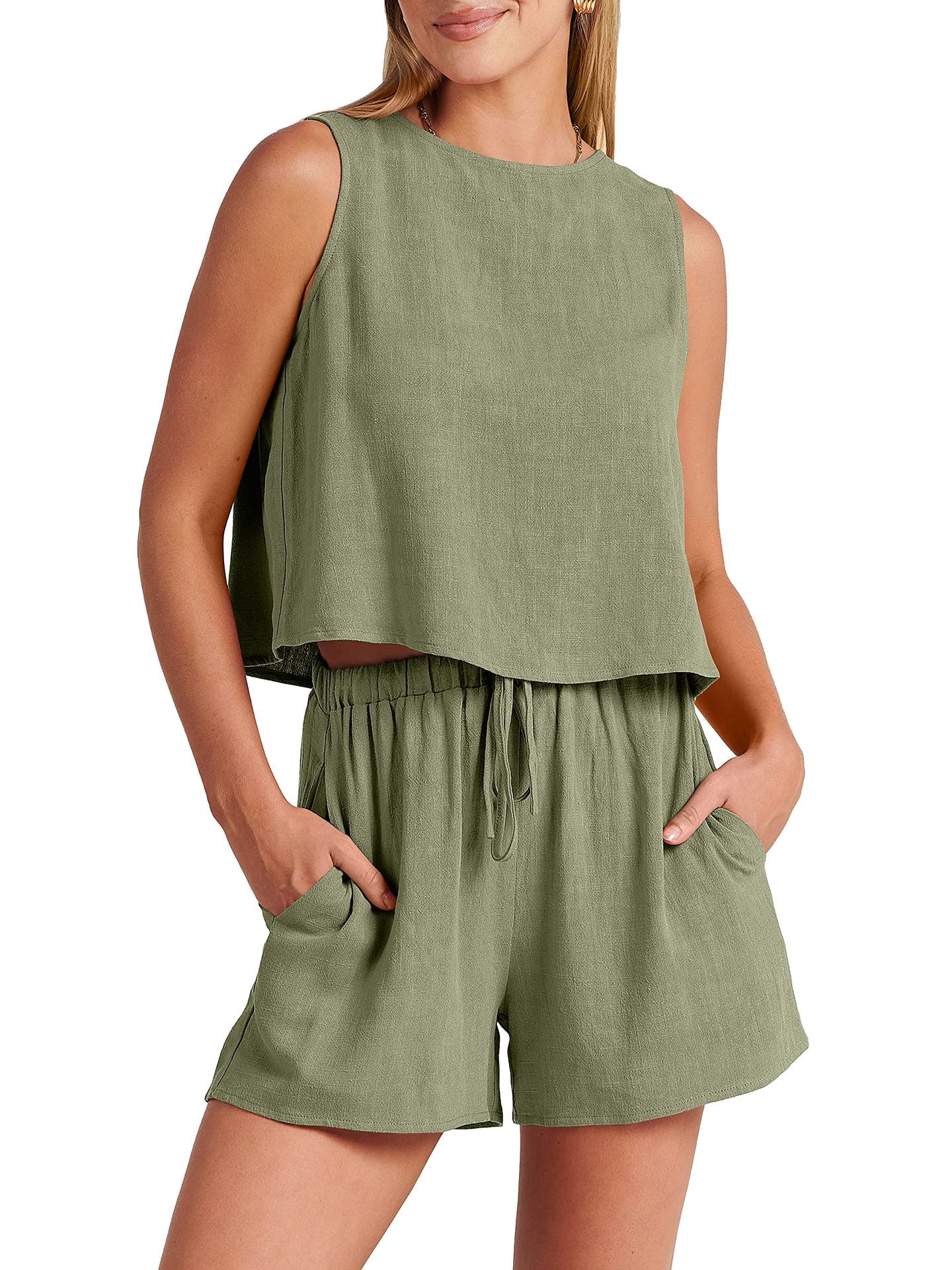 Sleeveless Top and Drawstring Shorts Two Piece Set