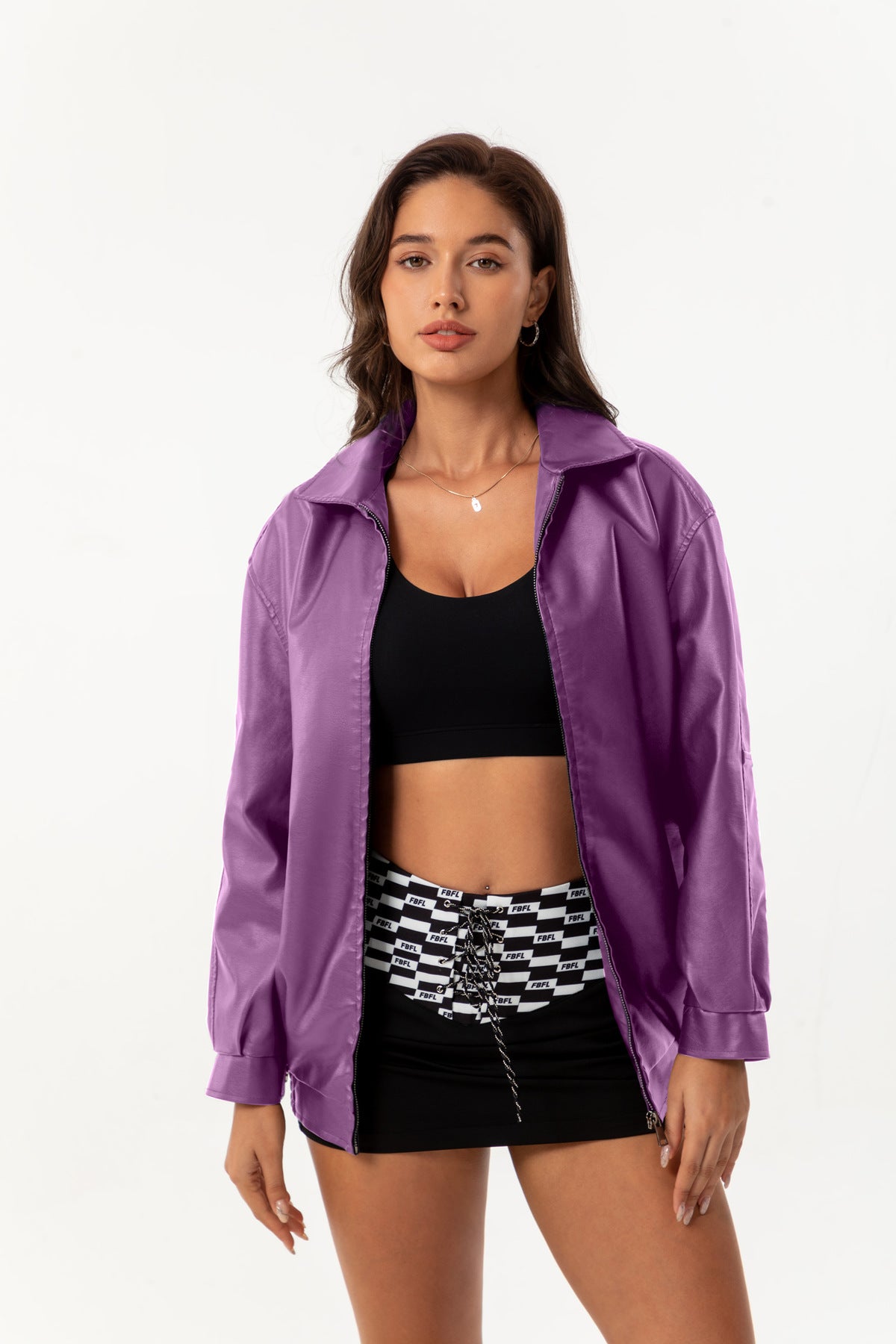 Womens Oversized Faux Leather Jacket Zip Up Casual