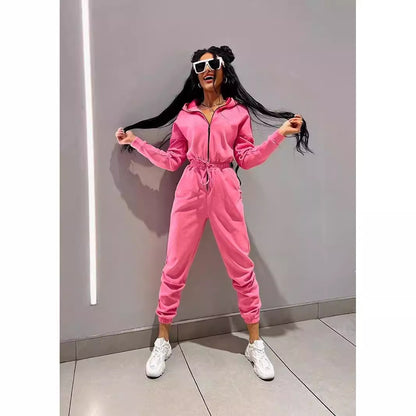 Women's Hooded Drawstring Jogger Jumpsuit Pockets