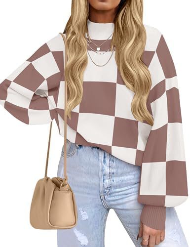 Women's Checkered Mock Neck Balloon Sleeve Sweater