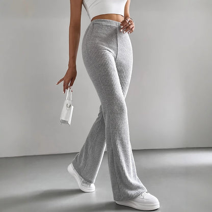 Women's High Waist Ribbed Knit Flare Pants Stretchy Casual