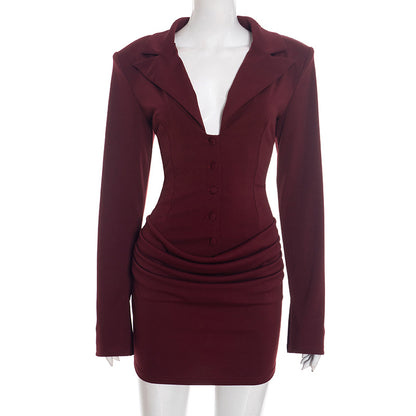 Sexy Deep V Blazer Dress Long Sleeve Bodycon Mini Dress