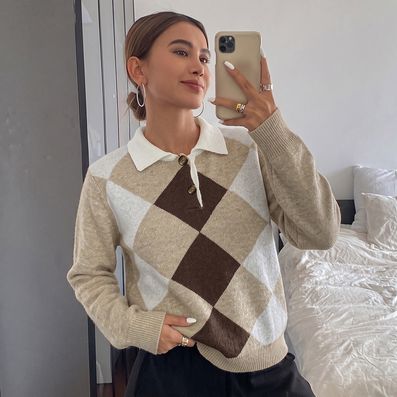 Argyle Polo Sweater Button Placket Relaxed Fit
