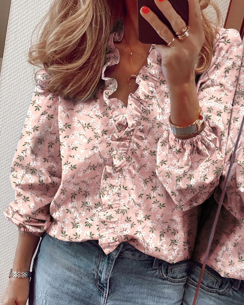 Women's Ruffle V Neck Blouse Balloon Sleeve Casual Top