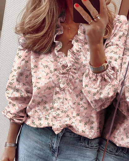 Women's Ruffle V Neck Blouse Balloon Sleeve Casual Top