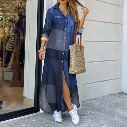Women's Long Sleeve Button Down Printed Maxi Shirt Dress