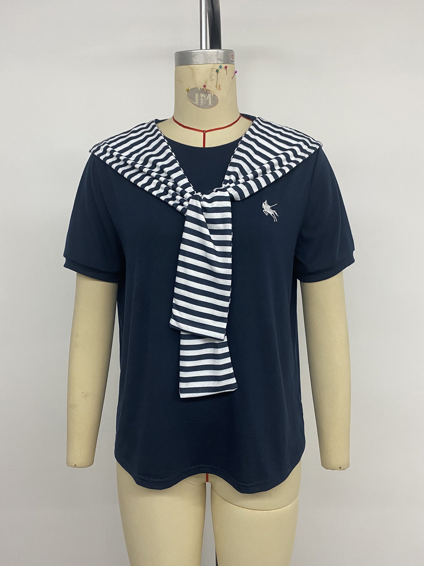 Navy Tee Striped Scarf Set Casual Short Sleeve Top