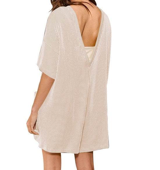 Loose Pocket Back V-Neck Short-Sleeve Jumpsuit